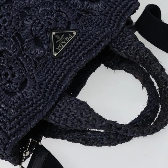 PRADA Canapa PM Hand Bag Raffia Navy Auth am8832 - Picture 7 of 16
